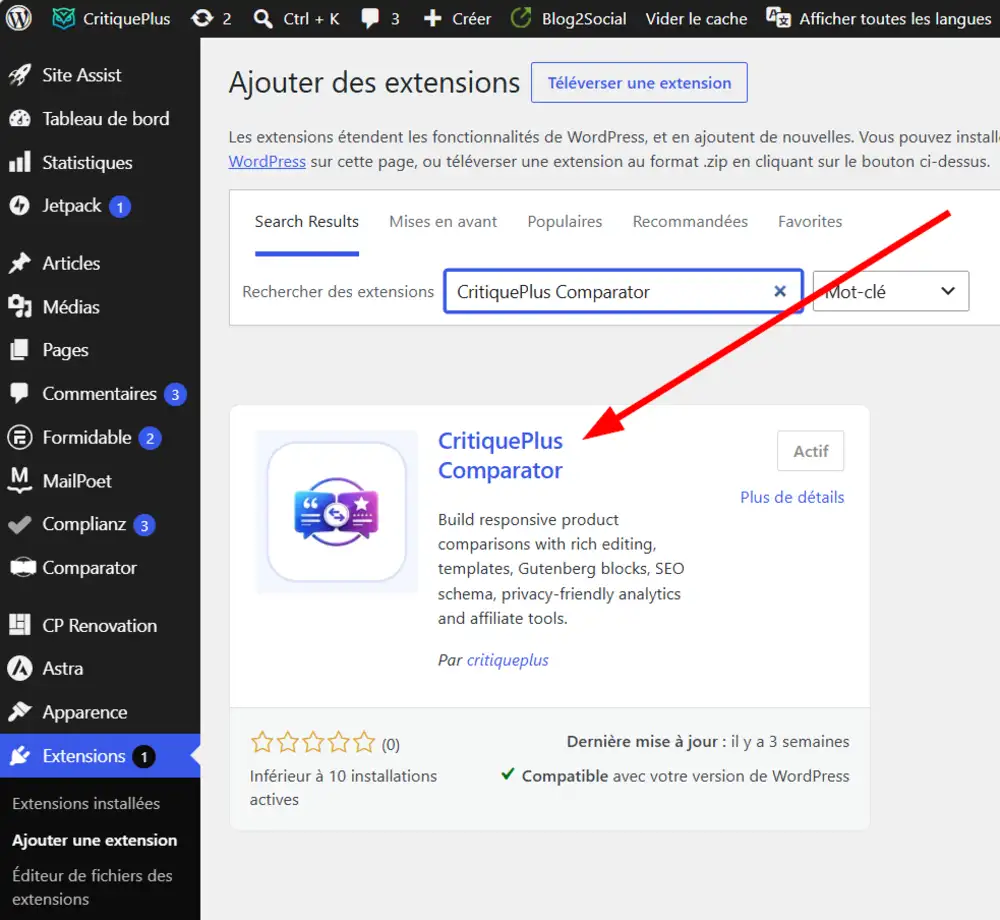 Page montrant le plugin CritiquePlus Comparator sur le répertoire officiel des extensions WordPress