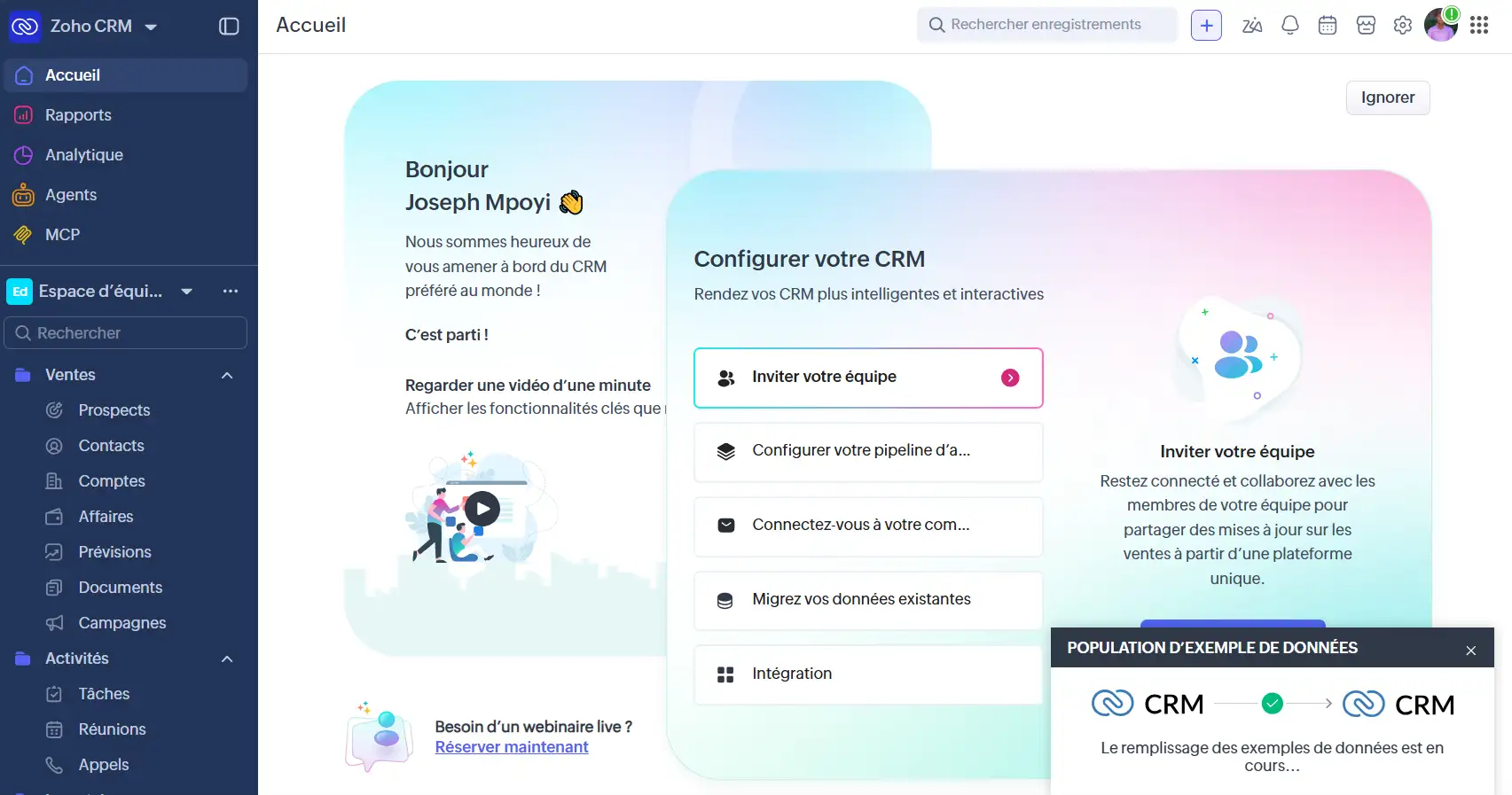 Meilleur logiciel CRM 2026 : le comparatif complet et notre verdict 9 Interface du compte Zoho crée pour les tests par Joseph