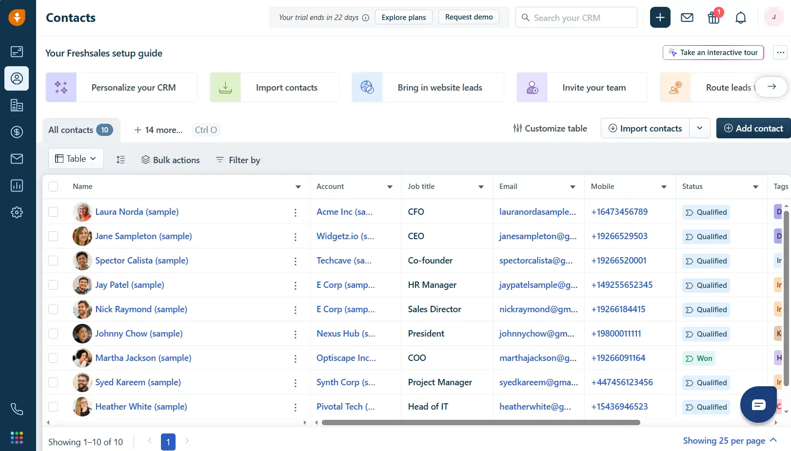 Meilleur logiciel CRM 2026 : le comparatif complet et notre verdict 16 Interface du tableau de bord du CRM Freshsales pour le compte Joseph crée pour les tests