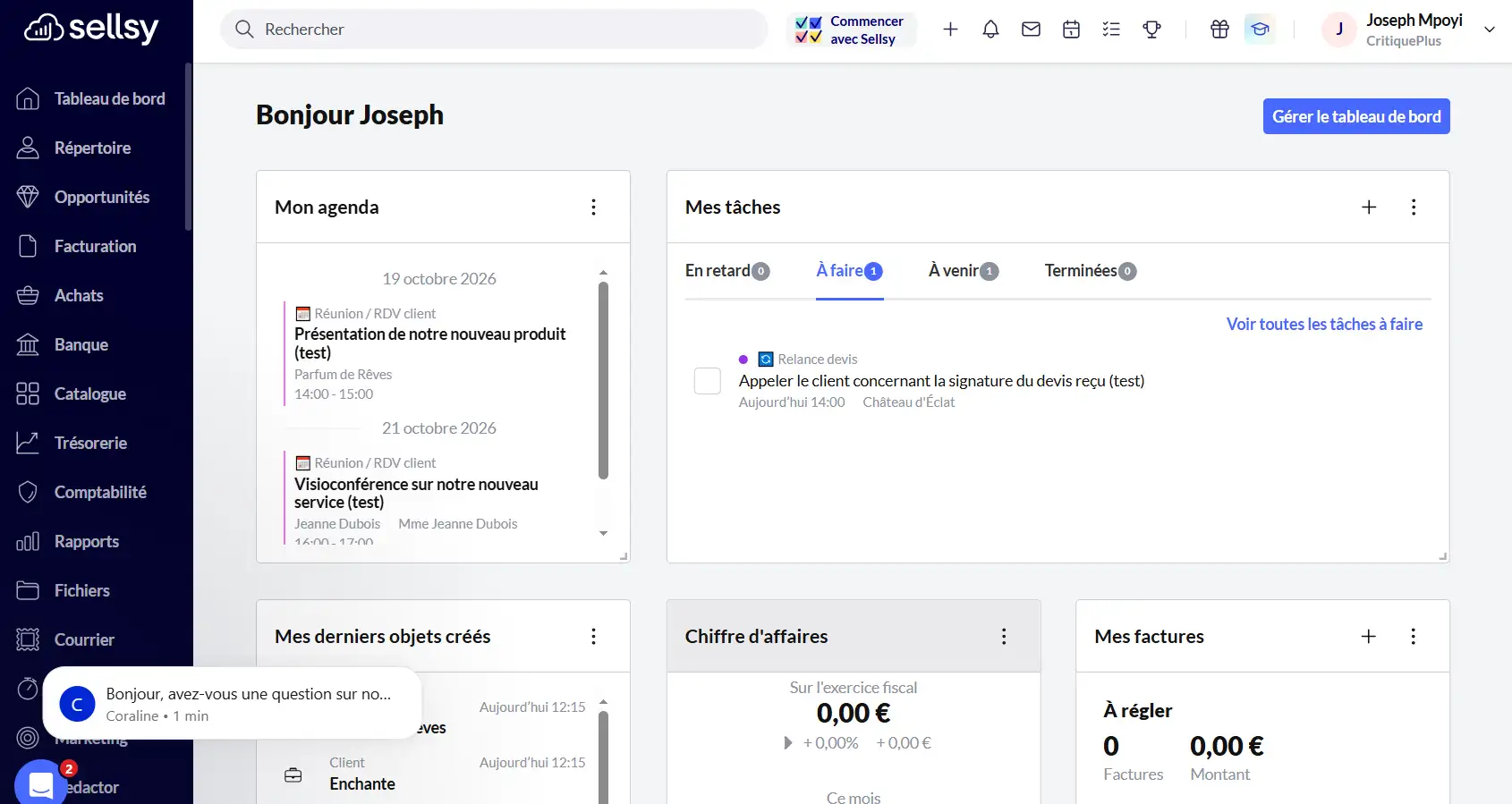 Meilleur logiciel CRM 2026 : le comparatif complet et notre verdict 11 Interface du tableau de bord du CRM Sellsy dans le compte de Joseph