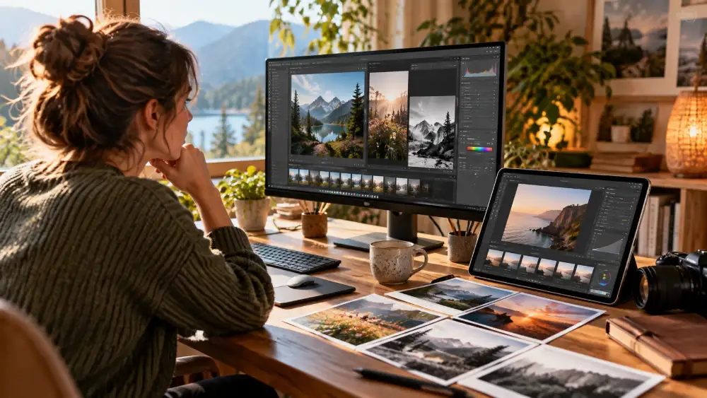 Meilleur logiciel de retouche photo 2026 : le comparatif de 15 outils 7 Alternatives à Photoshop et Lightroom affichées sur un écran d'ordinateur
