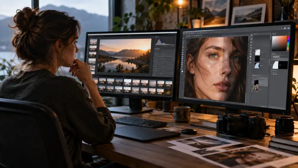 Meilleur logiciel de retouche photo 2026 : le comparatif de 15 outils 6 Comparaison côte à côte de Lightroom Classic et de Photoshop sur la même photo