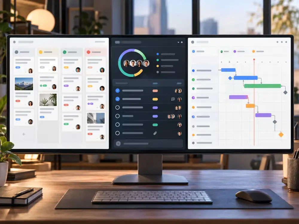 Trois tableaux représentant la méthode Kanban, Scrum et le diagramme de Gantt