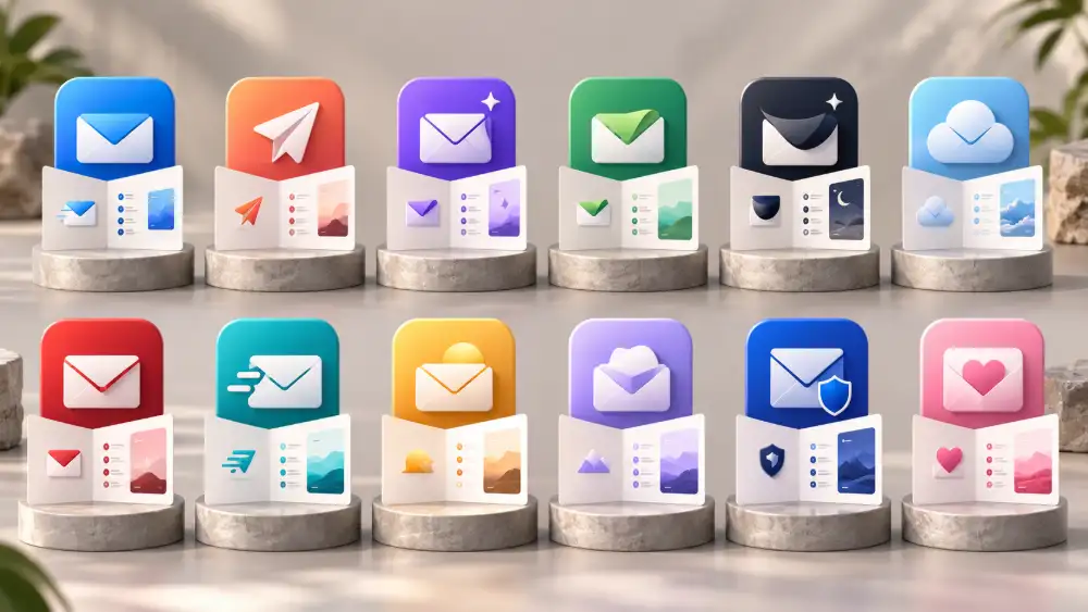 Douze logos de logiciels emailing alignés sur fond neutre, avec une fiche produit ouverte devant chacun.