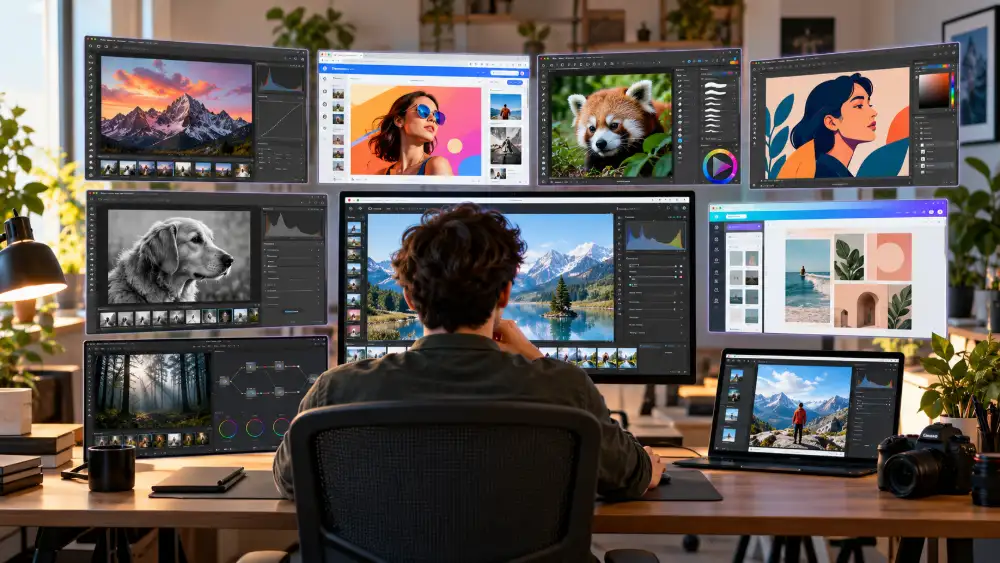 Douze alternatives à Photoshop testées : Photopea, GIMP, Affinity, Krita, Pixlr, Canva, PhotoDemon, Pixelmator, Luminar, DxO, darktable, Sumopaint