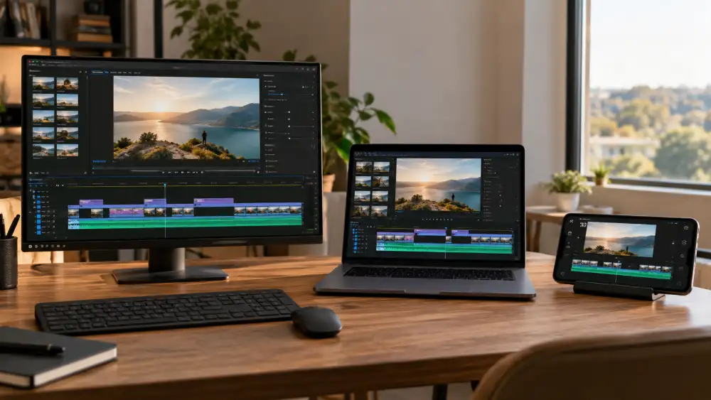 Trois écrans côte à côte montrant le montage vidéo sur PC, Mac et mobilité