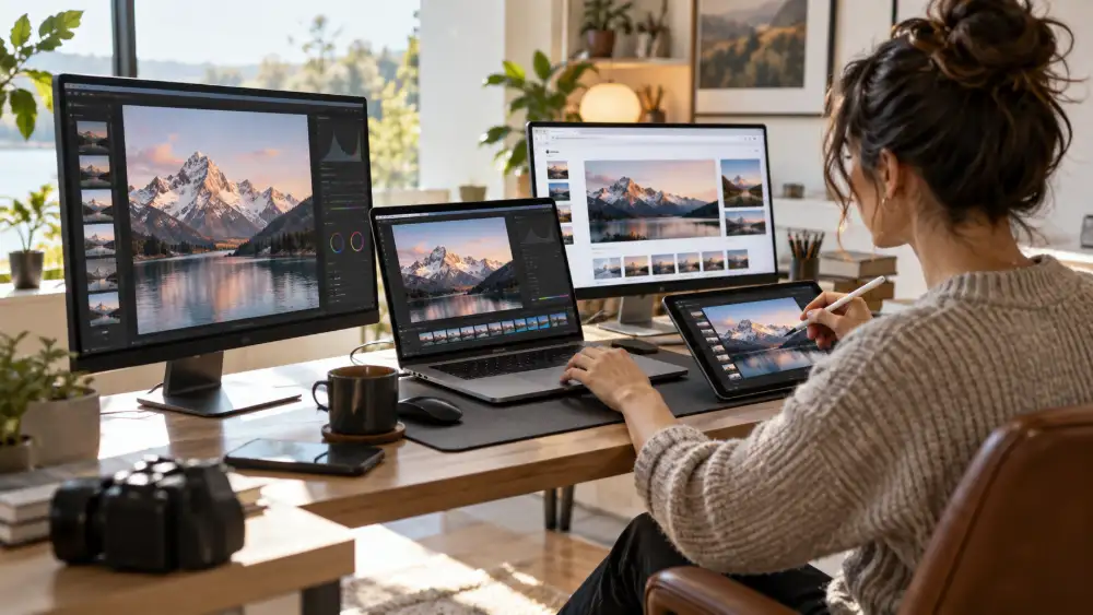 Meilleur logiciel de retouche photo 2026 : le comparatif de 15 outils 5 Retouche photo d'images sur PC, Mac et tablette côte à côte