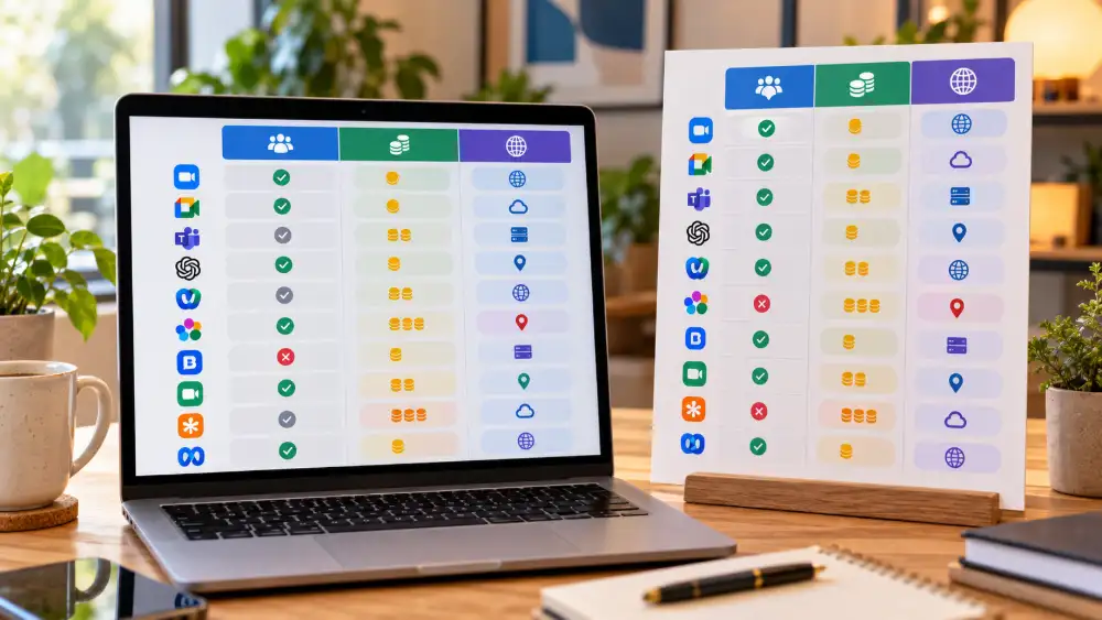 Alternative Zoom 2026 : notre sélection de 10 outils testés et leurs prix 2 Tableau des dix alternatives à Zoom avec plan gratuit, prix d'entrée et hébergement