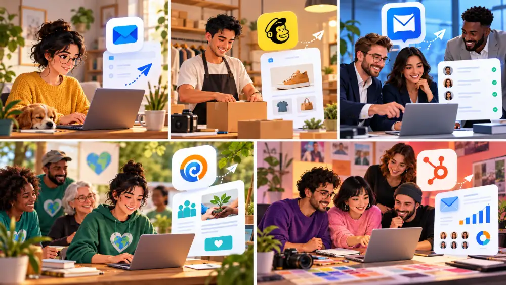 Cinq vignettes illustrant cinq profils d'utilisateurs - freelance, boutique en ligne, équipe commerciale B2B, association, agence - avec l'outil recommandé pour chacun.