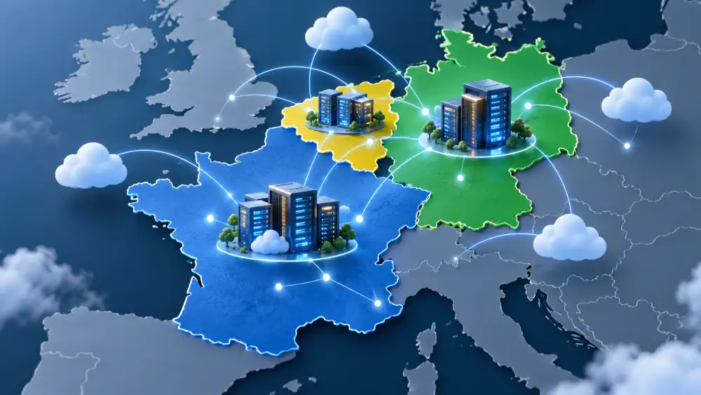 Carte de l'hébergement des données des alternatives à Mailchimp en France, Allemagne et Belgique 