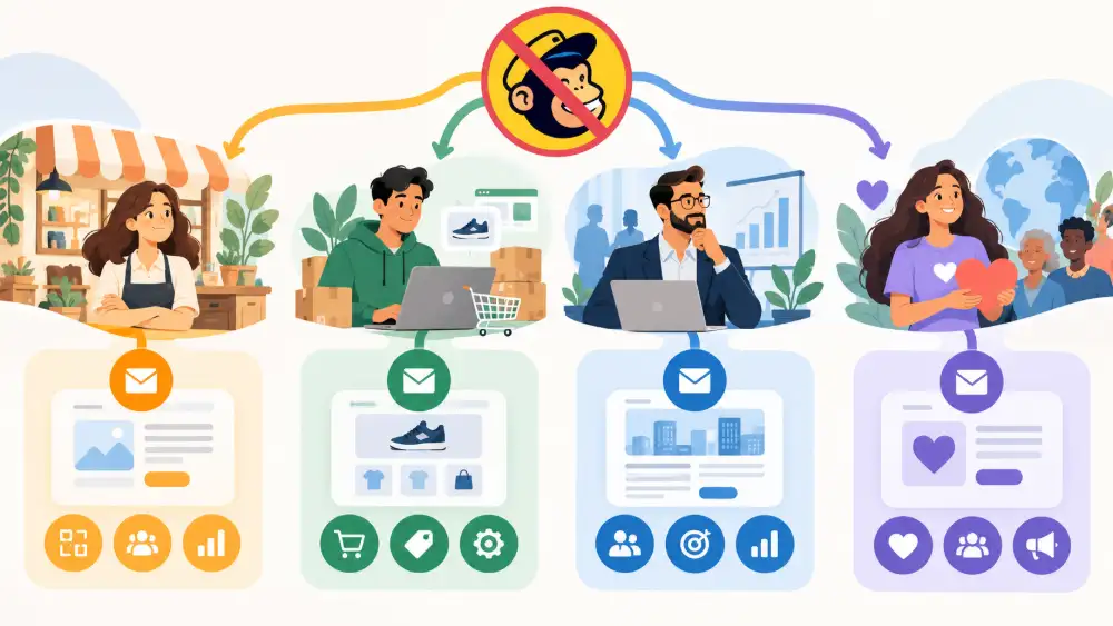 Schéma de choix d'une alternative à Mailchimp selon le profil : PME, e-commerce, B2B, association
