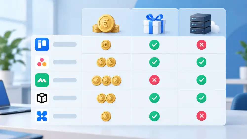 Tableau comparatif des alternatives à Trello : prix par siège, plan gratuit et auto-hébergement