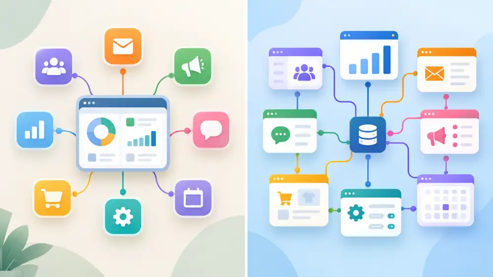 Outils marketing digital 2026 : 12 outils testés et leurs prix 7 schéma comparatif entre architecture tout-en-un et stack best-of-breed