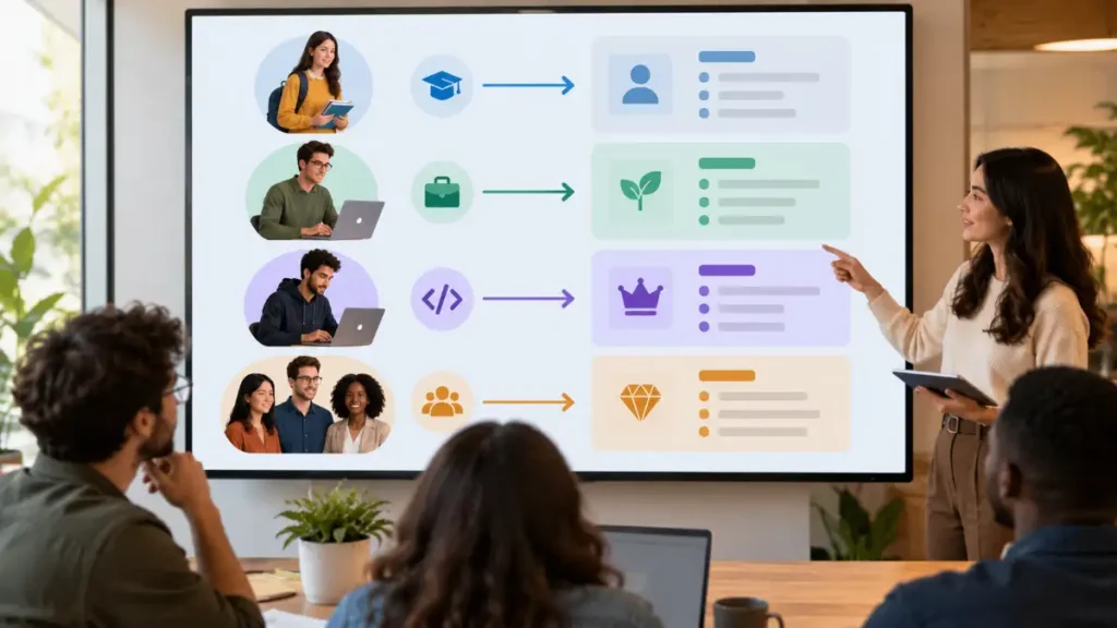 Diagram matching Claude plan to user profile, from student to developer to SMB