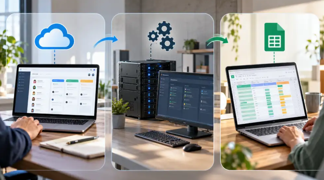 Meilleur CRM gratuit 2026 : ce que chaque palier à 0 € autorise vraiment 4 Schéma des trois modèles de CRM gratuit : freemium, open source auto-hébergé et tableur