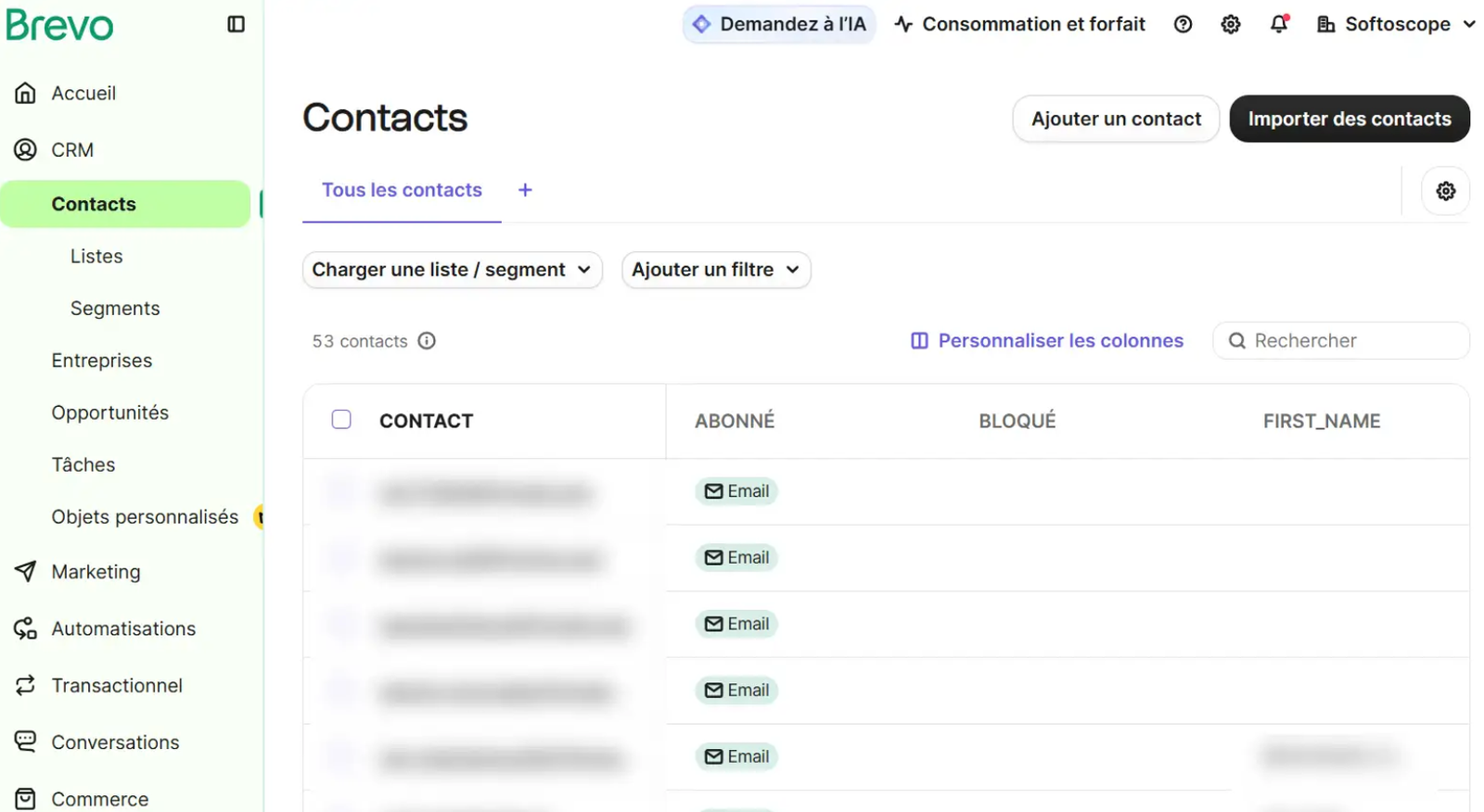 Meilleur logiciel CRM 2026 : le comparatif complet et notre verdict 13 Page du tableau de bord Brevo présentant les contacts en temps réel